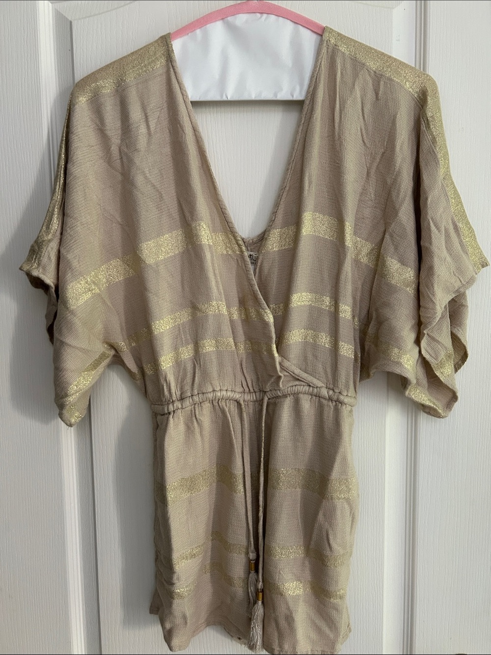 LSpace XS Dolman Women’s Taupe Jumpsuit with Gold Stripe Detail Deep v-neck